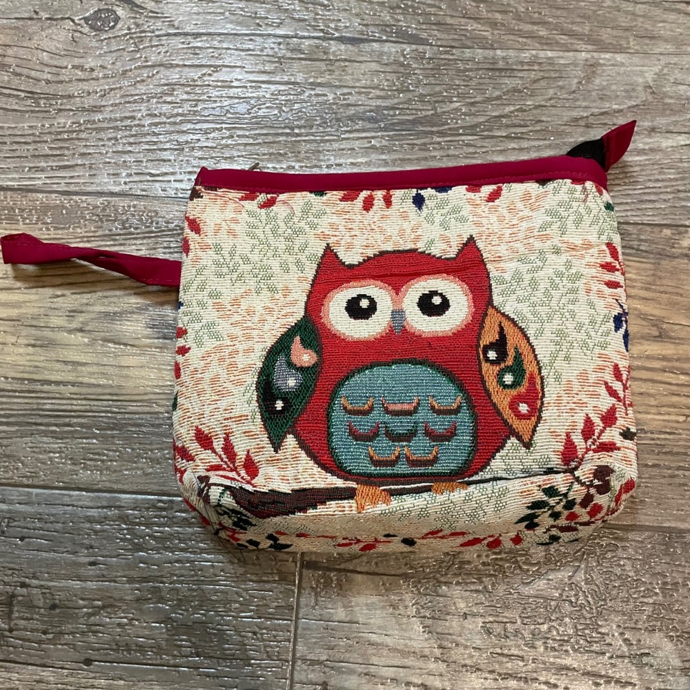 Woven Tapestry Owl Makeup Bag Red Woodland Bird Cosmetic Pouch Zippered‎ Travel